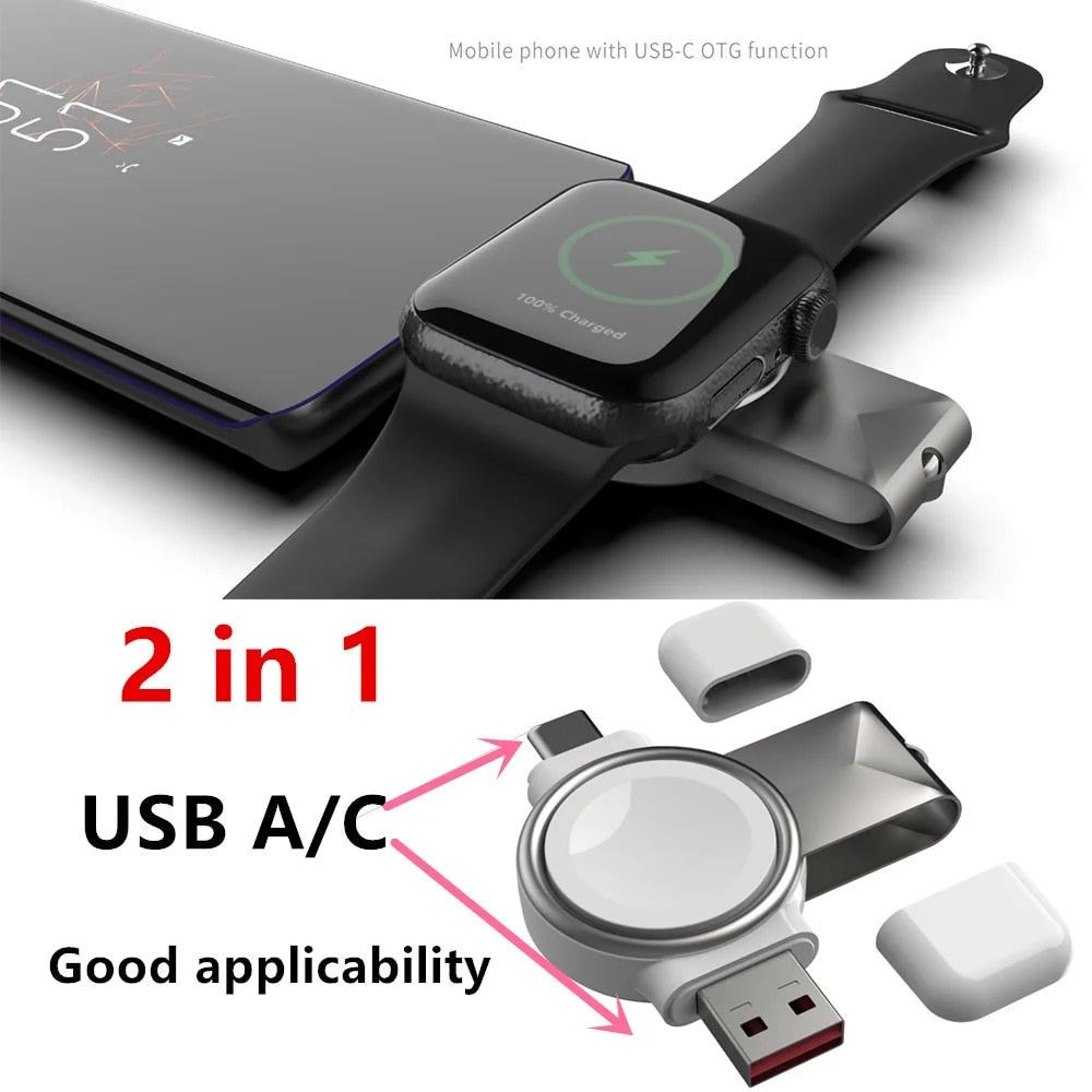 Tragbares 2-in-1 USB-A & USB-C Ladegerät Magnetisches kabelloses Reise-Ladegerät für Apple Watch Series Ultra 8 7 SE 6 5 4 3 2